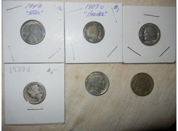 3 Silver Dimes, 2- Buffalo Nickels, 1 Lincoln Cent
