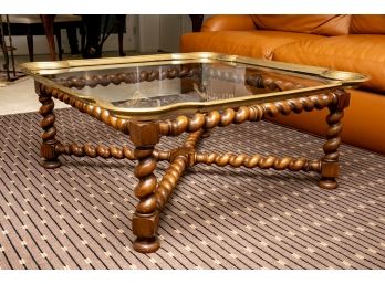 Baker Wood And Brass Coffee Table With Glass Top