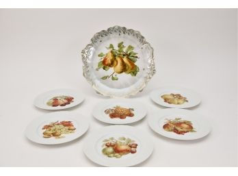Set Of Six Wallace China Hutschenreuther Fruit Design Plates + Large Platter With Pear Design