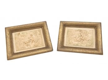 Pair Of Antique Carved Bas Relief Frolicking Nude Plaques