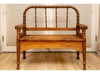 Vintage Spindle Back Peg Wood Construction Bench With Plank Wood Seating