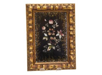 Antique Floral Design Oil On Board Painting With Mother Of Pearl Inlay In A Carved Wood Frame
