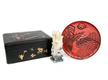 Vintage Chinese Lacquer Box, Marble Figurine And Lacquer Plate