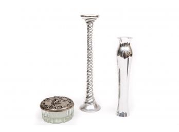 Nambe Candle Holder, Wilton Vase And Trinket Box With Mirrored Pewter Top