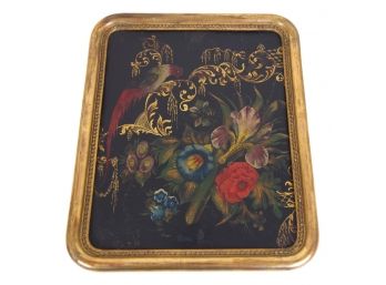 1920's French Hand Painted Bird And Floral Themed Oil On Metal Painting