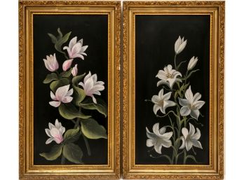 Set Of Two Framed Floral Oil On Board Paintings In Gilt Frames