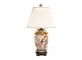 Chinese Crackled Hand Painted Cherry Blossom Bird Design Lamp With Gilt Foo Dogs And Trim