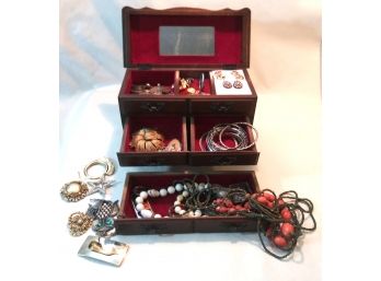 Old Wooden Musical Jewelry Box With Coins, Jewelry, And Other Treasures