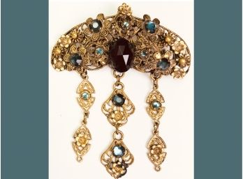 Museum Quality Early Czech Brooch Enamel, Prong Set Rose Garnet Paste Emeralds Has Dangles Looks Victorian