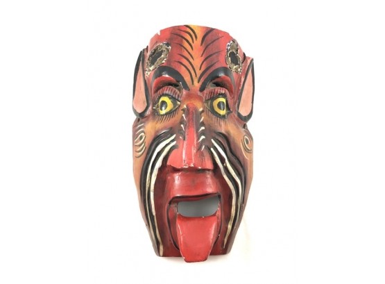 Vintage Hand Carved Wooden Folk Art Devil Mask