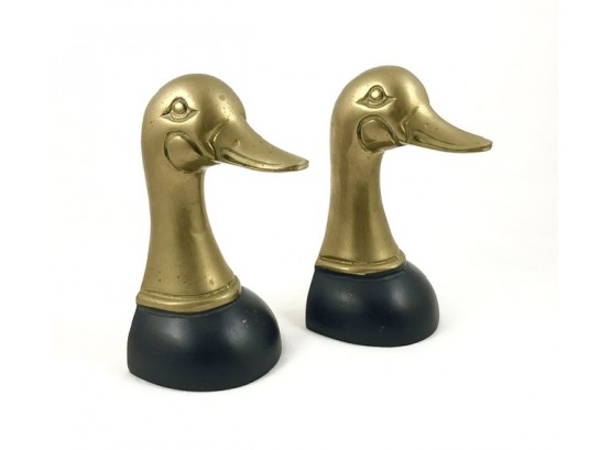 Pair Of Vintage Brass Duck Head Bookends