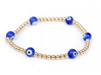 14K Yellow Gold Beaded Evil Eye Stretch Bracelet