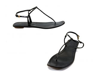 PRADA Black Patent Leather T Strap Sandals (Size 9)