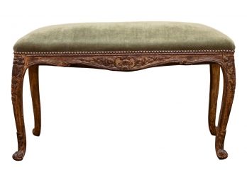 Antique Carved Wood Upholstered Bench With Nailhead Trim