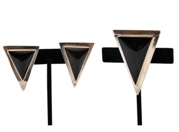 Signed Modernist Triangular Shaped Sterling Silver And Onyx Earrings And Brooch/Pendant