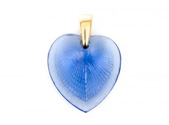 Signed Lalique Blue Crystal Heart Pendant