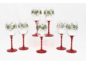 Set Of Seven Hand Painted Christmas Wine Glasses