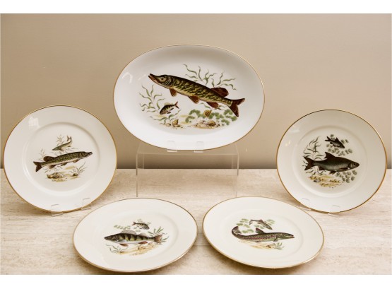 JWK Western Germany Fine Porcelain Fish Platter And Four Plates