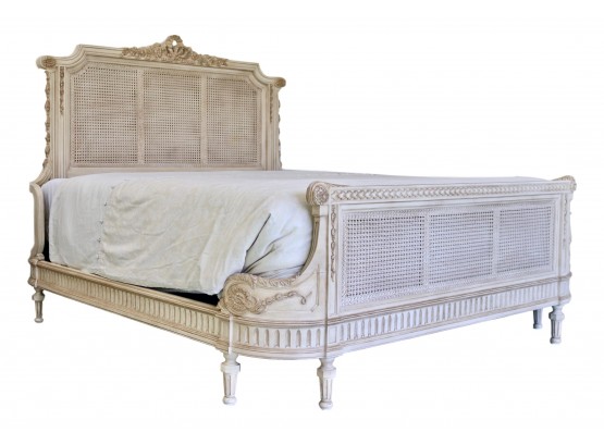 Antique White French Louis XVI Cane  King Size Bed With Wraparound Footboard