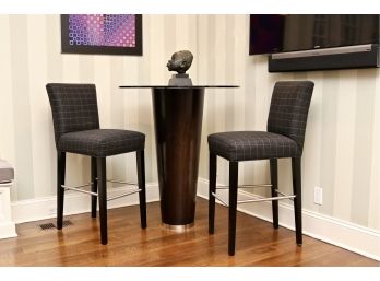 Black Tinted Glass Round Funnel Pedestal Table And A Pair Of Grey Wool Bar Stools
