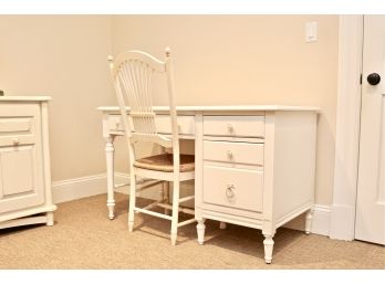 Set Of 2 White Desk With Classic Detailing And Chair With Rush Seating