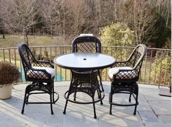 Outdoor Round Resin Wicker Table With Three Swivel Bar Stools With Chevron Twill High Grade Cushions