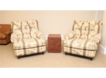 Set Of 3 Rolled Arm Tufted Chairs With Nail Heads And Stingray Style Square Cube