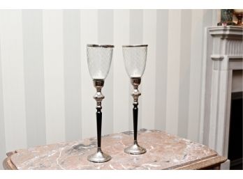 Tall  Diamond Pattern Cut Glass Silver Tone And Black Hurricane  Candle Sticks With  Removable Rim