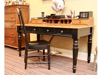 Black And Wood Top Writing Desk With Small Hutch  And Black Chair