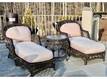 Set Of 3 Outdoor Resin Wicker Lounge Chairs With Basketweave Grade Cushions And Small Round Side Table