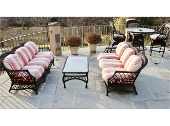 Set Of 3 Outdoor Resin Wicker Sofas With Striped Grade Cushions And Coffee Table