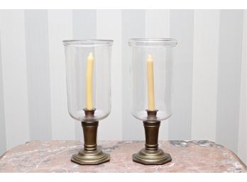 Set Of 2 Large Glass Hurricane Candle Weighted Brass Candle Holders
