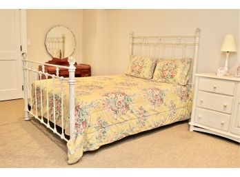 Distressed White Wrought Iron Queen Size Bed With Crystal Round Finials