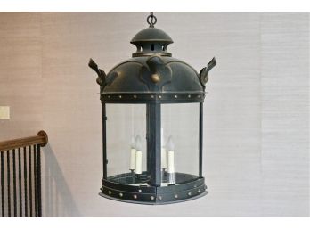 Ebony With Antique Gold Oversized Lantern Pendant Fixture With Four Candlestick Lights  28' H