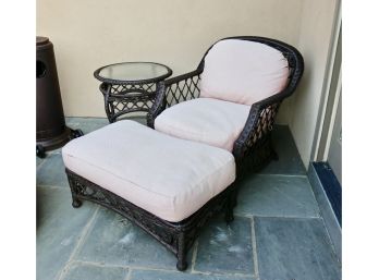 Set Of 3 Outdoor Resin Wicker Arm Chair With Basketweave Grade Cushions, Ottoman And Small Round Side Table