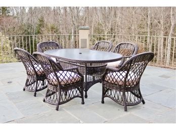 Outdoor Oval Resin Wicker Table With Six Arm Chairs With Chevron Twill High Grade Cushions