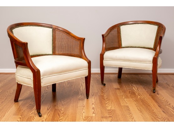 Pair Of Cane Club Chairs With Vinyl Seating And Backing