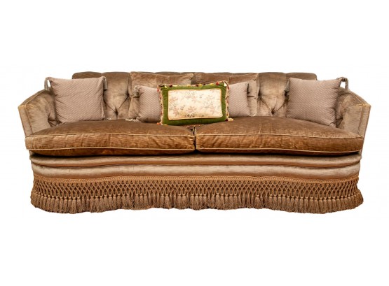 Custom Designed Tufted Sofa With Down Cushions And Fringe Trim