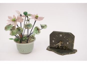 British Columbia Jade Clock + Mid-Century Chinese Jade Glass Bonsai Flower Arrangement