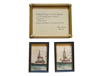 John Donne Framed Poetry + Two Miniatures Oil Sailboat Paintings