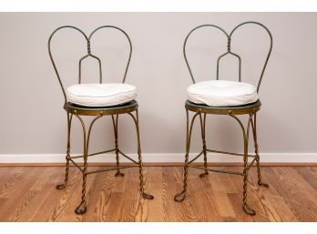 Set Of Two National Wire Chair Company Painted Gold Ice Cream Parlor Chairs With White Cushions
