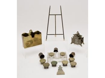 Glass And Brass Inkwell, Brass Inkwell Covers, Brass Easel And More