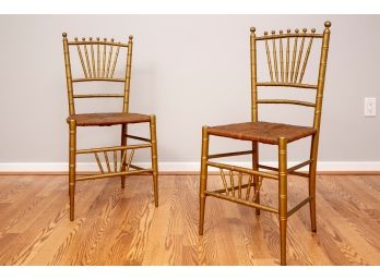 Pair Of Antique Gilt Wood Chairs With Rush Seats
