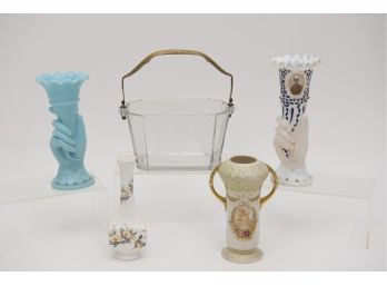 Milk Glass Torch Vases, Etched Glass Basket With Hammered Brass Handle And More
