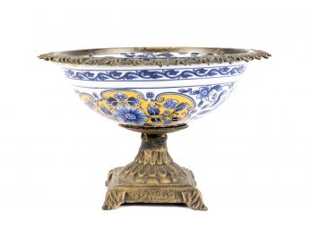 Centerpiece Porcelain And Brass Pedestal Bowl