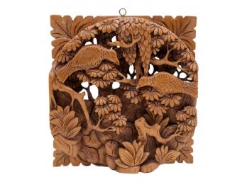 Finely Carved Wooden Bird On Branches Plaque