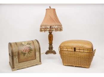 Charming Lamp With Tasseled Shade, Floral Chest And Wicker Basket