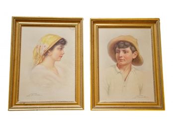 Pair Of M & B Vintage Lithograph Portrait Prints By Fiorentino Of A Young Peasant Boy And Girl