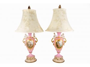 Pair Of Vintage Hand Painted Pink Gilt Table Lamps