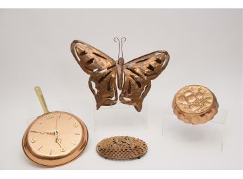 Copper Butterfly Candle Holder, Pan Clock, Old Dutch Design Trivet And Wall Hanging